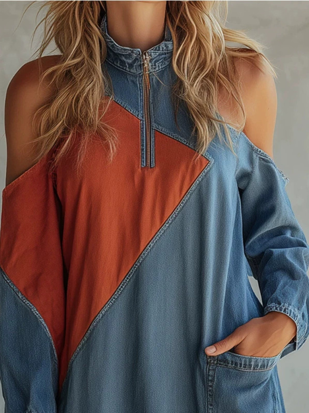 FOREVER 21 Western Stand Collar Colorblock Zip Bias Cut Denim Dress